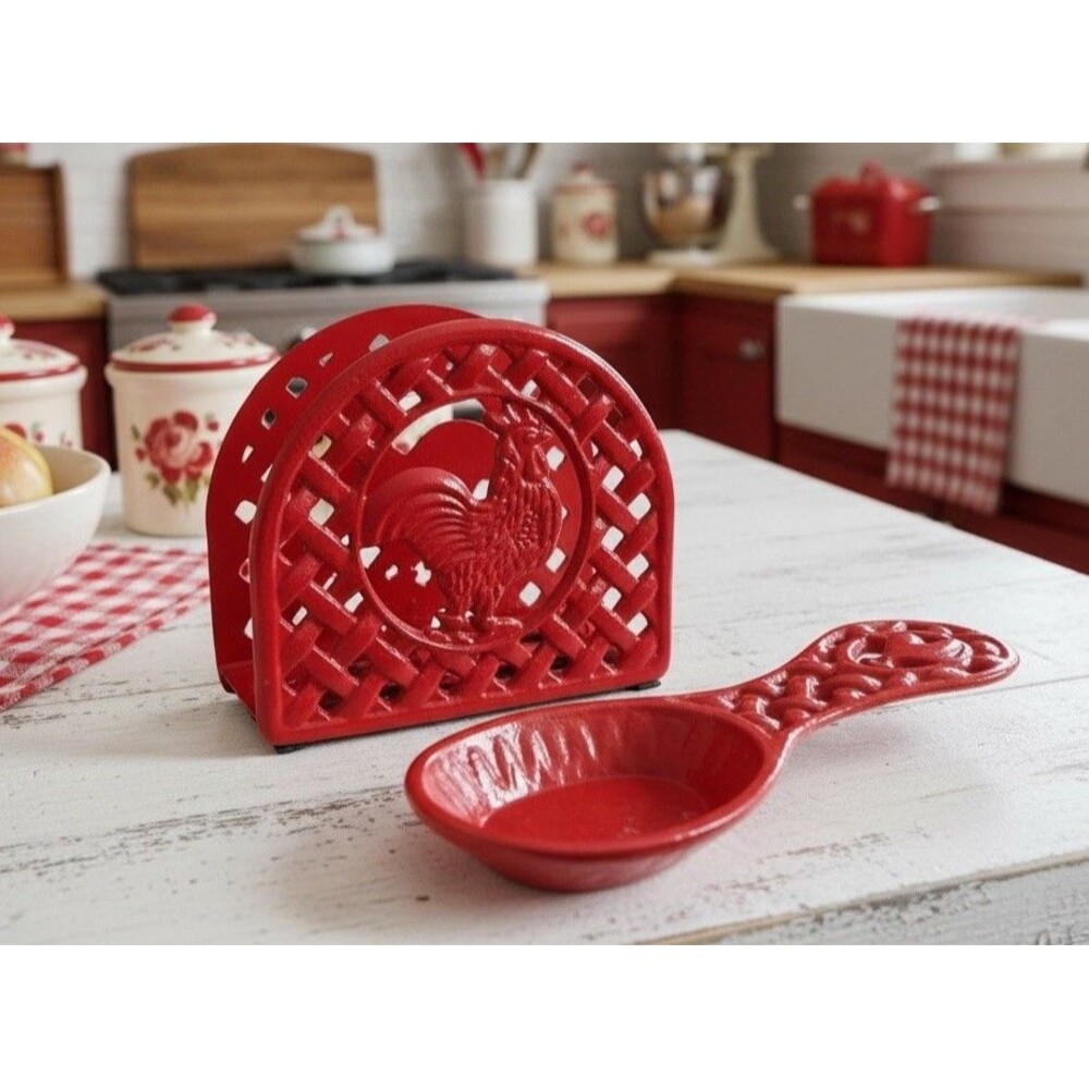 Red Cast Iron Rooster Napkin Holder Spoon Rest Vintage Farm Kitchen Decor Set